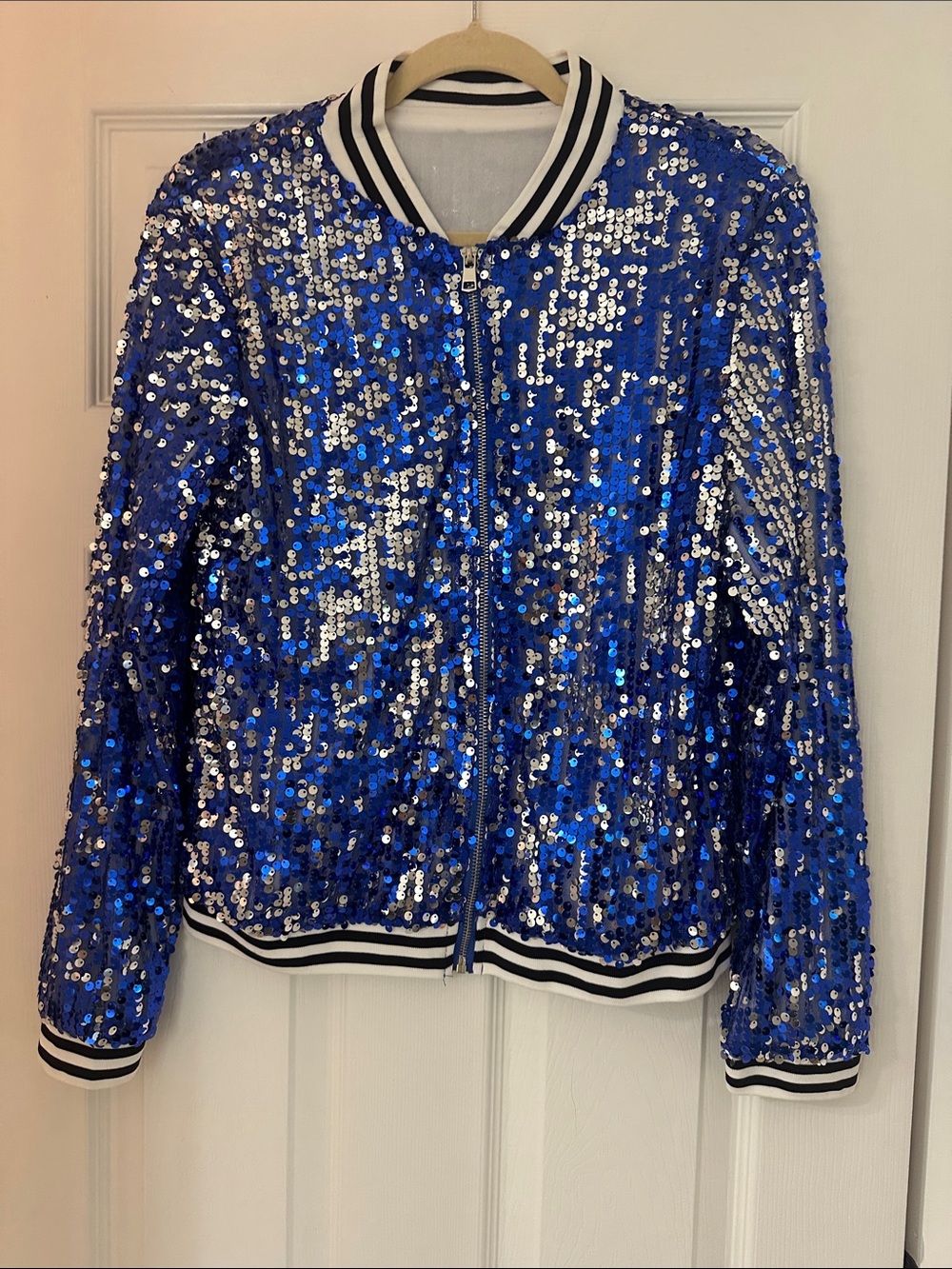 Amazon Blue Sequin Bomber Jacket with Silver Accents